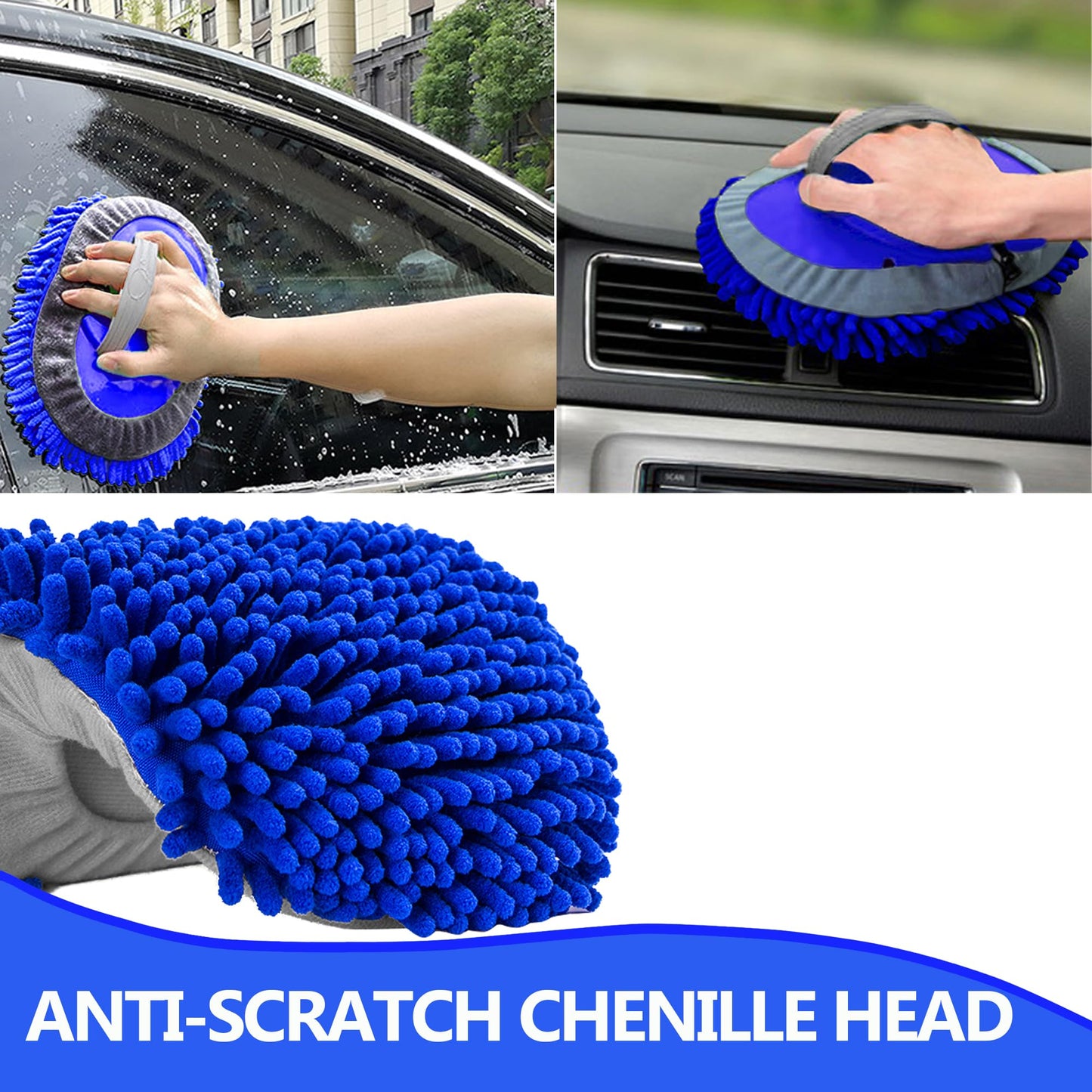 160cm 63" car wash brush with telescopic handle. Brush for motorhome, caravan, truck. Microfiber cleaning brush for car. 2 in 1 anti-scratch telescopic brush. Car brush cleaning set includes 3 replacement mop heads.