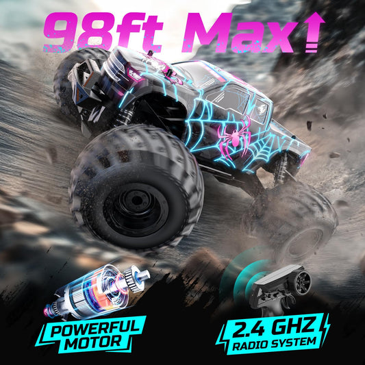 DEERC 1:16 Remote Control Car, Glow-in-the-Dark Spider Design RC Car, up to 15 km/h, 30 minutes playtime, All-Terrain 2.4GhZ Monster Spider Truck - Gift for Kids aged 6 7 8 9 years.
