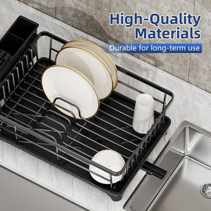 PurKeep Dish Drying Rack - space-saving dish rack for kitchen counter with utensil holder, kitchen dish stand with rotating spout, black.