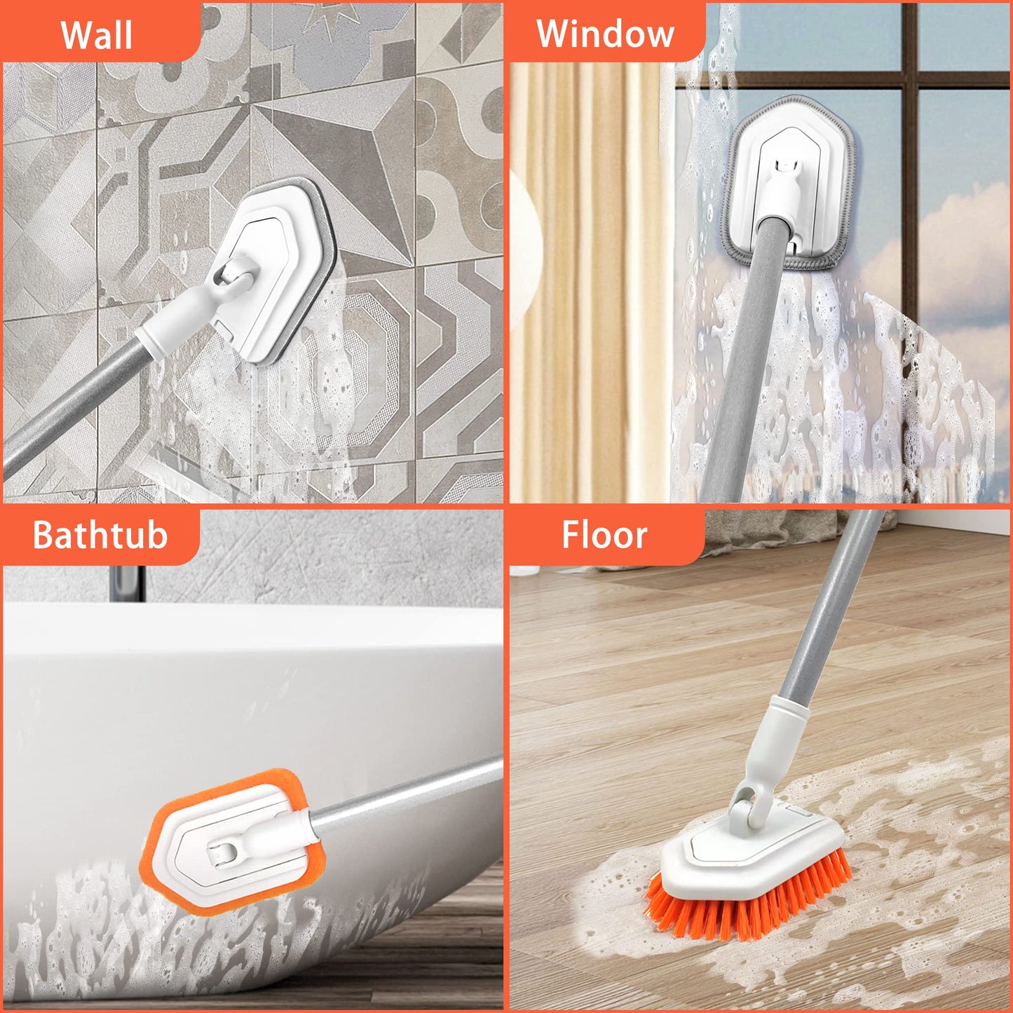 JEHONN 4-in-1 Shower Scrubber, Scrubber with Long Handle Cleaning Brush, 4 Different Functions Scrub Brush Attachments for Bathroom, Tub, Floor, Wall, Baseboard