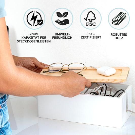 Nature Supplies Set with 2 pine wood cable boxes - 1 small cable box for desk organization, 1 large box for floor cable organization (White)