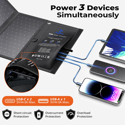 BigBlue 28W Portable Solar Charger with 2 USB C + 1 USB A Ports (4.8A total), IP44 Waterproof Solar Panel, Foldable, Ideal for Outdoor Activities, for Recharging USB Devices - iPhone Android GoPro.