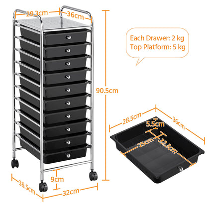 Yaheetech bathroom cart with 10 stackable drawers and metal frame. Bathroom trolley with shelves, 32×36.5×90.5 cm black.
