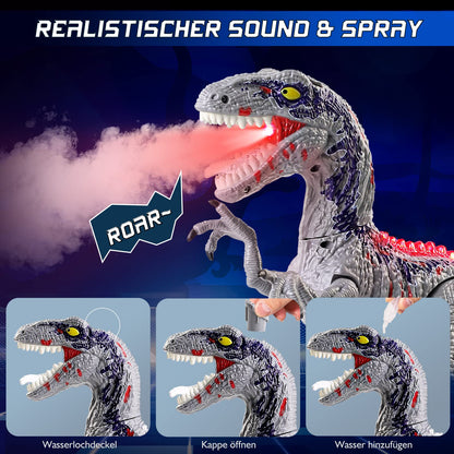 BAZOVE Remote Control Dinosaur Toy, 2.4GHz Electronic RC Velociraptor Dino Toy with 360° Spin Stunt, Spray function, Roaring and LED Light, Gift for Boys Girls 3+ Years