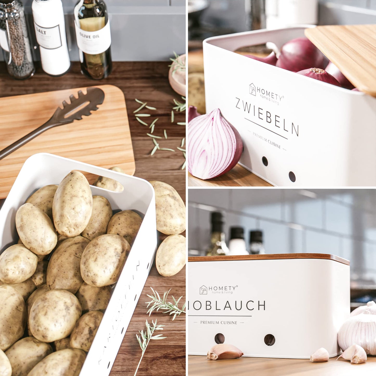 Homety Potato Storage Box [Set of 3] - Keeps Vegetables Fresh for Longer - Ideal way to store onions, potatoes, and garlic (White)