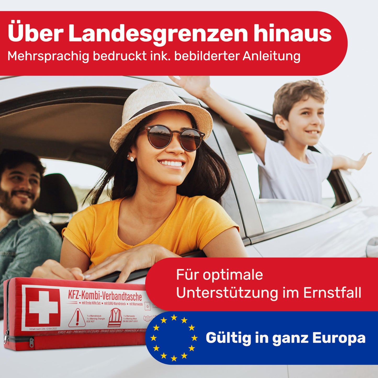 Automobile combination bag (3 in 1) according to current standard 2025 - Including warning triangle, reflective vest, and first aid kit. Warning triangle set FIRST AID KIT Auto DIN 13164:2022 (StVO compliant)