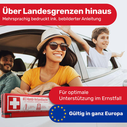 Automobile combination bag (3 in 1) according to current standard 2025 - Including warning triangle, reflective vest, and first aid kit. Warning triangle set FIRST AID KIT Auto DIN 13164:2022 (StVO compliant)