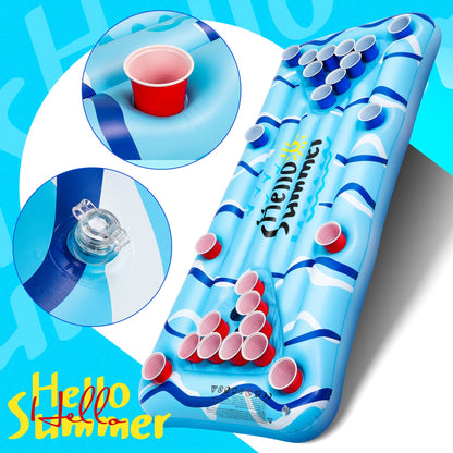 Popolic Pool Pong Game Inflatable Pong Table Air Mattress 175 x 75 cm Pool Mat Including 24 Plastic Cups and 2 Ping-Pong Balls Cool Summer Party Game