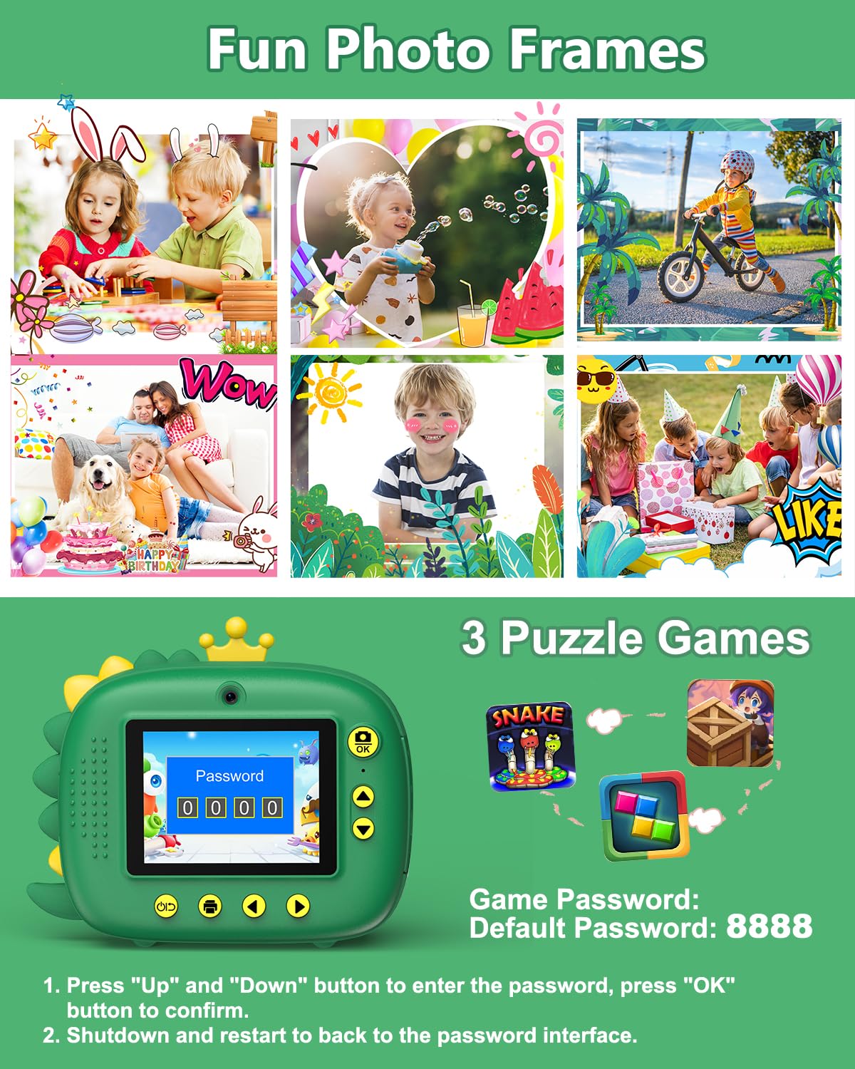 Children's camera instant camera, Hangrui instant camera for children, 1080P 2.4 inch screen camera kids instant print with 32G card, 3 rolls printing paper, 5 colored pens gift for children 3-12 years.