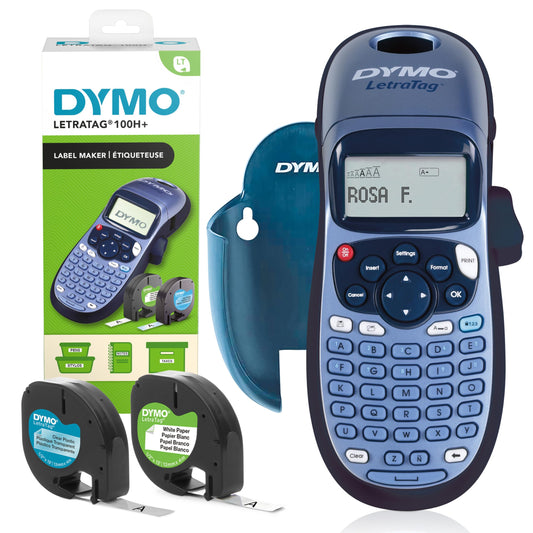 Dymo LetraTag LT-100H+ Label Maker Handheld with Holder | Portable label printer with ABC keyboard | Includes paper and clear plastic labels | Perfect for office & home.