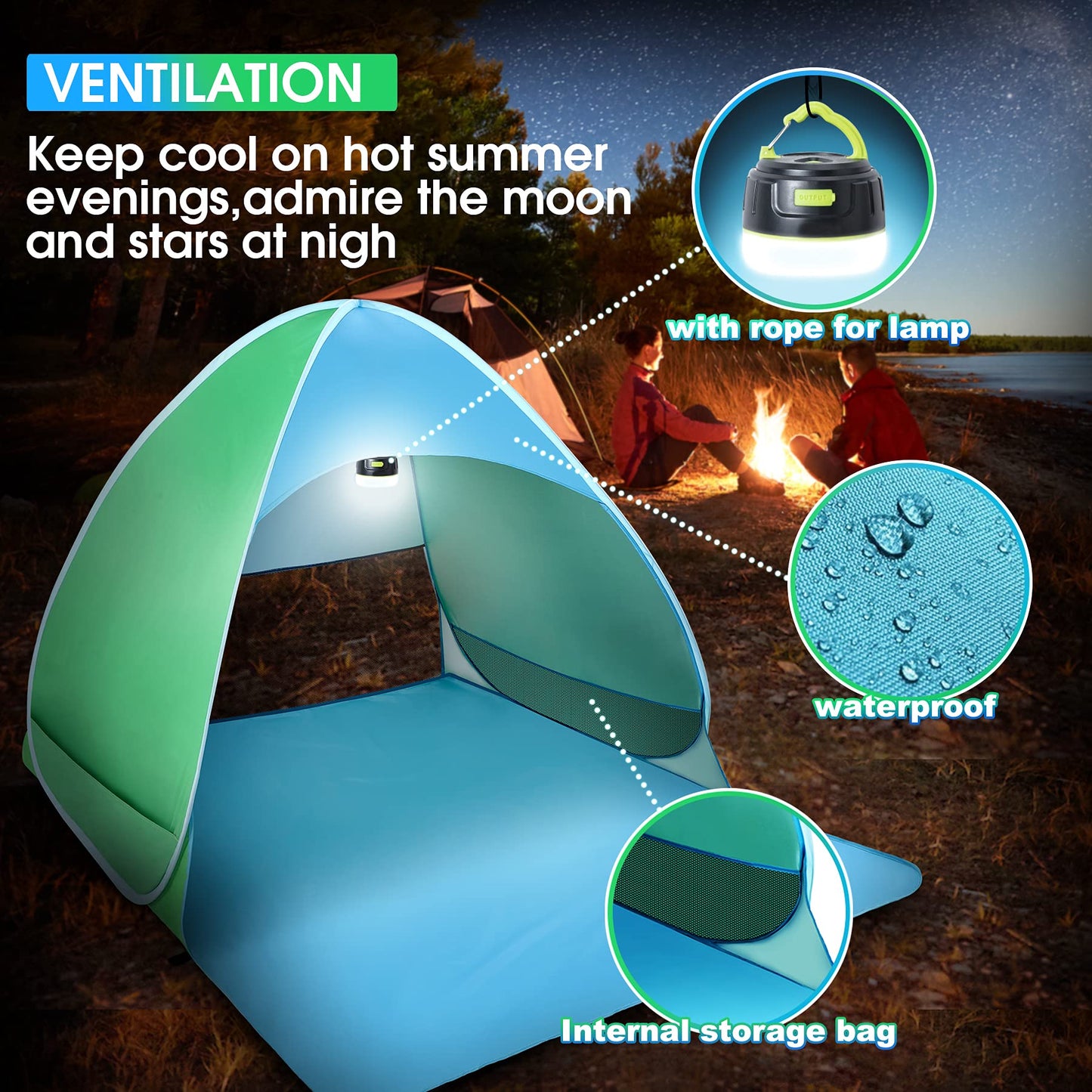 WONSEFOO Beach Tent UV Protection 50+ | 2-3 Person Beach Shelter | Pop-up Waterproof Portable Instant Tent | Beach Canopy for Family Camping Garden Beach