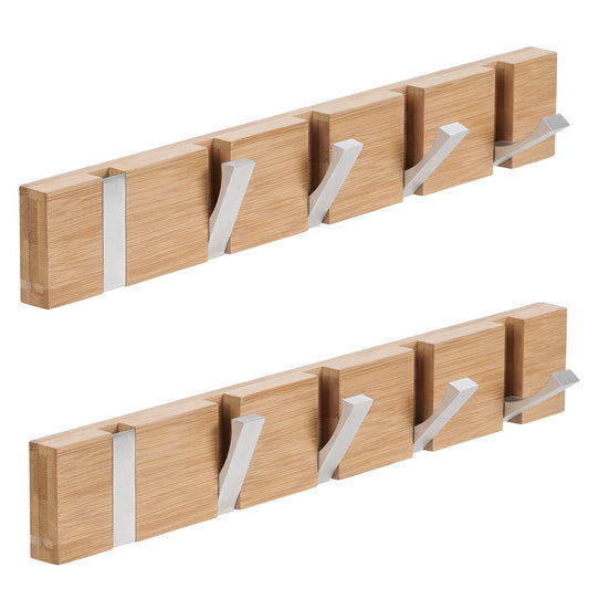 QILICZ 2-pack coat hooks - wall coat rack with 5 folding hooks made of bamboo. Ideal for coats, hats, scarves, keys, and towels. Foldable design for compact storage.