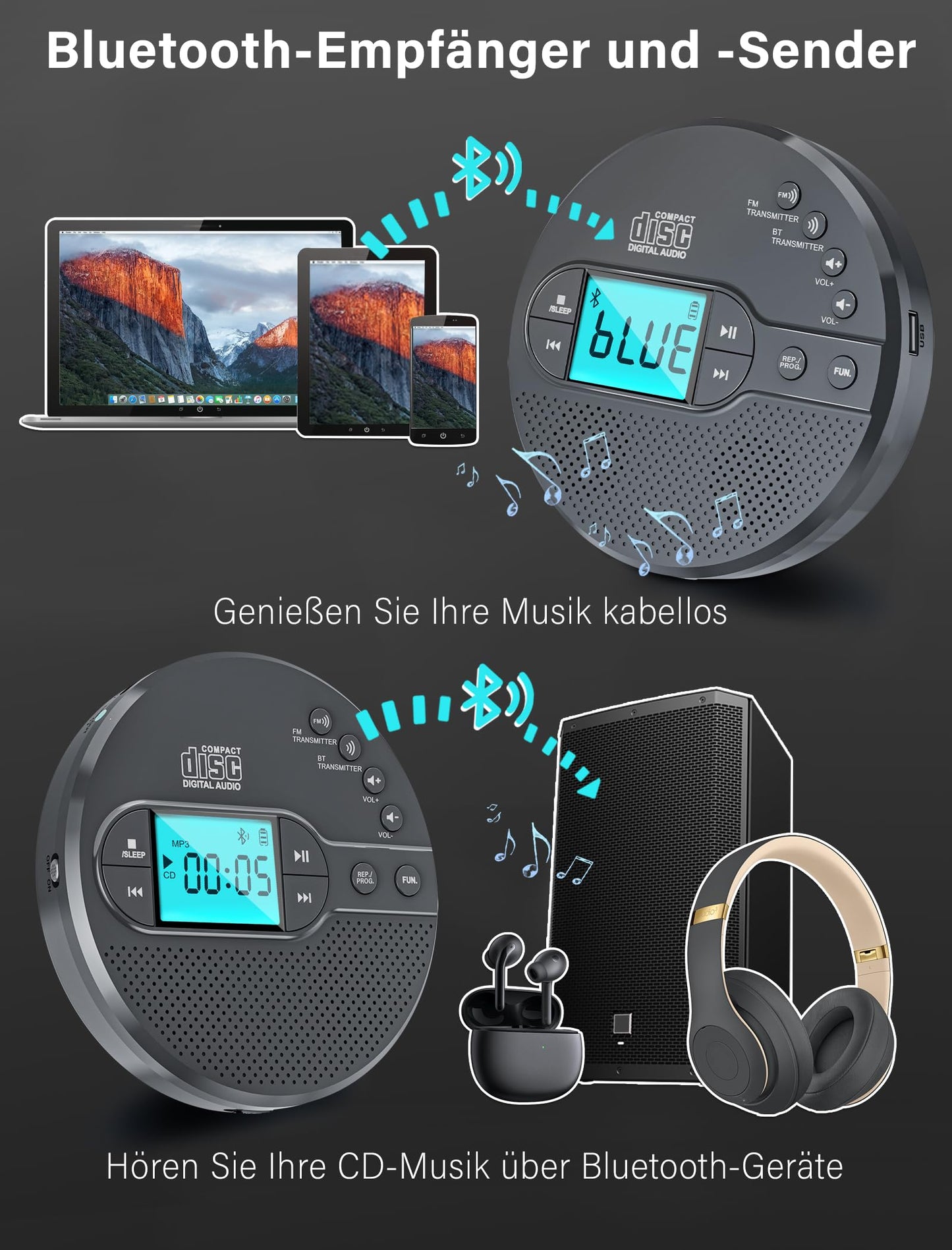 Discman CD player with Bluetooth FM transmitter, headphones, LCD screen, AUX, built-in speaker, USB connection, 2000mAh rechargeable portable CD player with anti-skip protection.