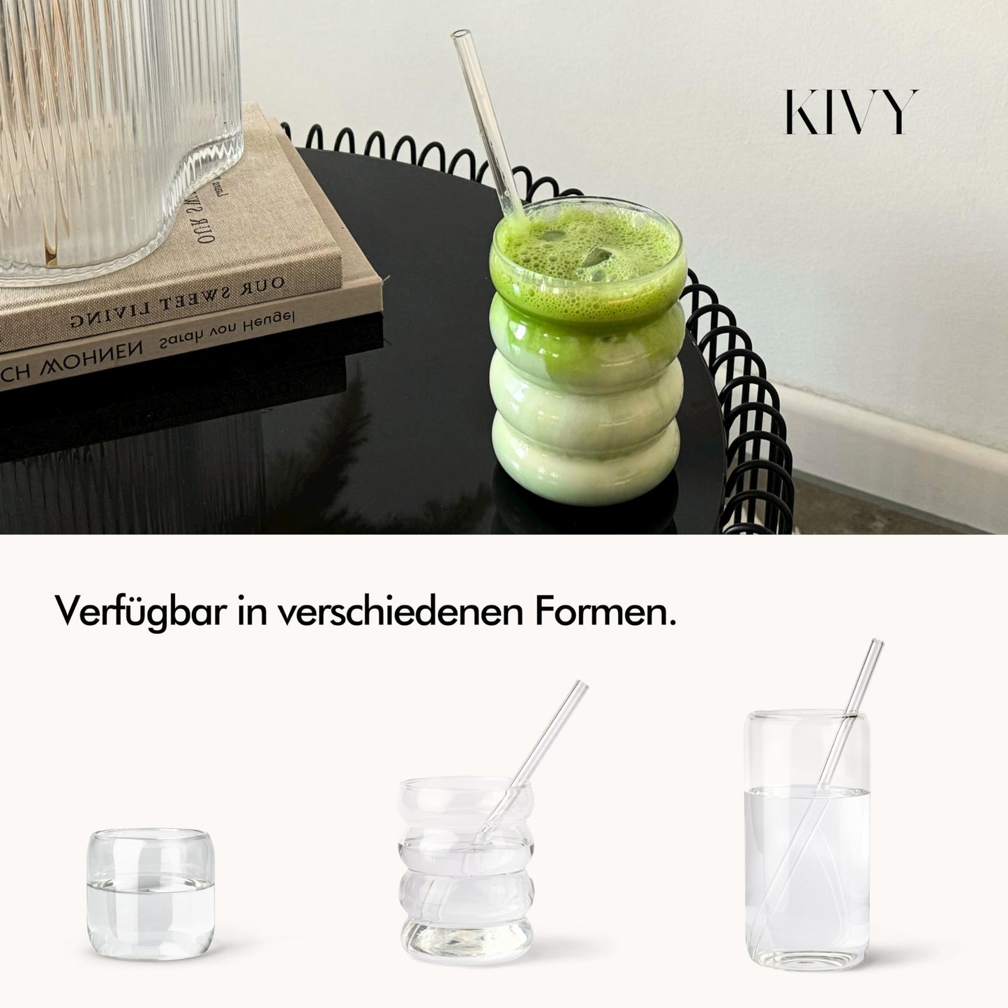 KIVY Glasses Set [4x 240ml] Made from high-quality borosilicate glass - Aesthetic Matcha Drinking Glasses Modern - Water Glasses - Small Water Glass - Iced Coffee Glasses - Dishwasher safe
