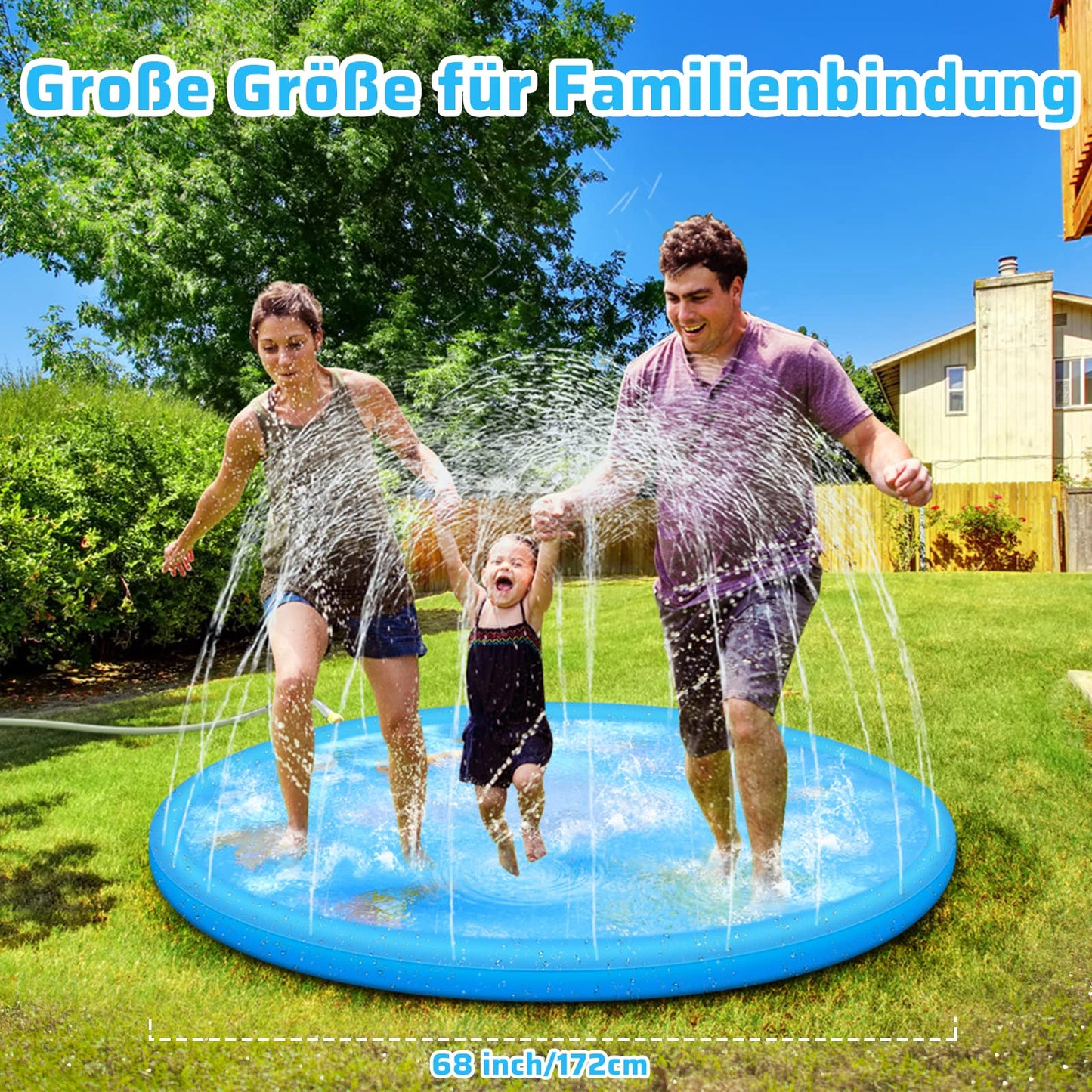 Anpro 170CM Splash Pad, Sprinkler Water Play Mat Splash Play Mat with 15 Anti-Slip Strips, Summer Garden Water Toy for Baby, Kids, Dogs, and Pets.