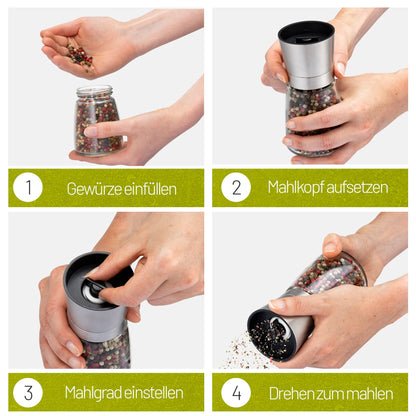Zolmer® Salt and Pepper Mill with Bamboo Stand - Spice Mill Set of 2 made of Stainless Steel & Glass - Ceramic Grinder, adjustable, refillable & stylish for any kitchen.