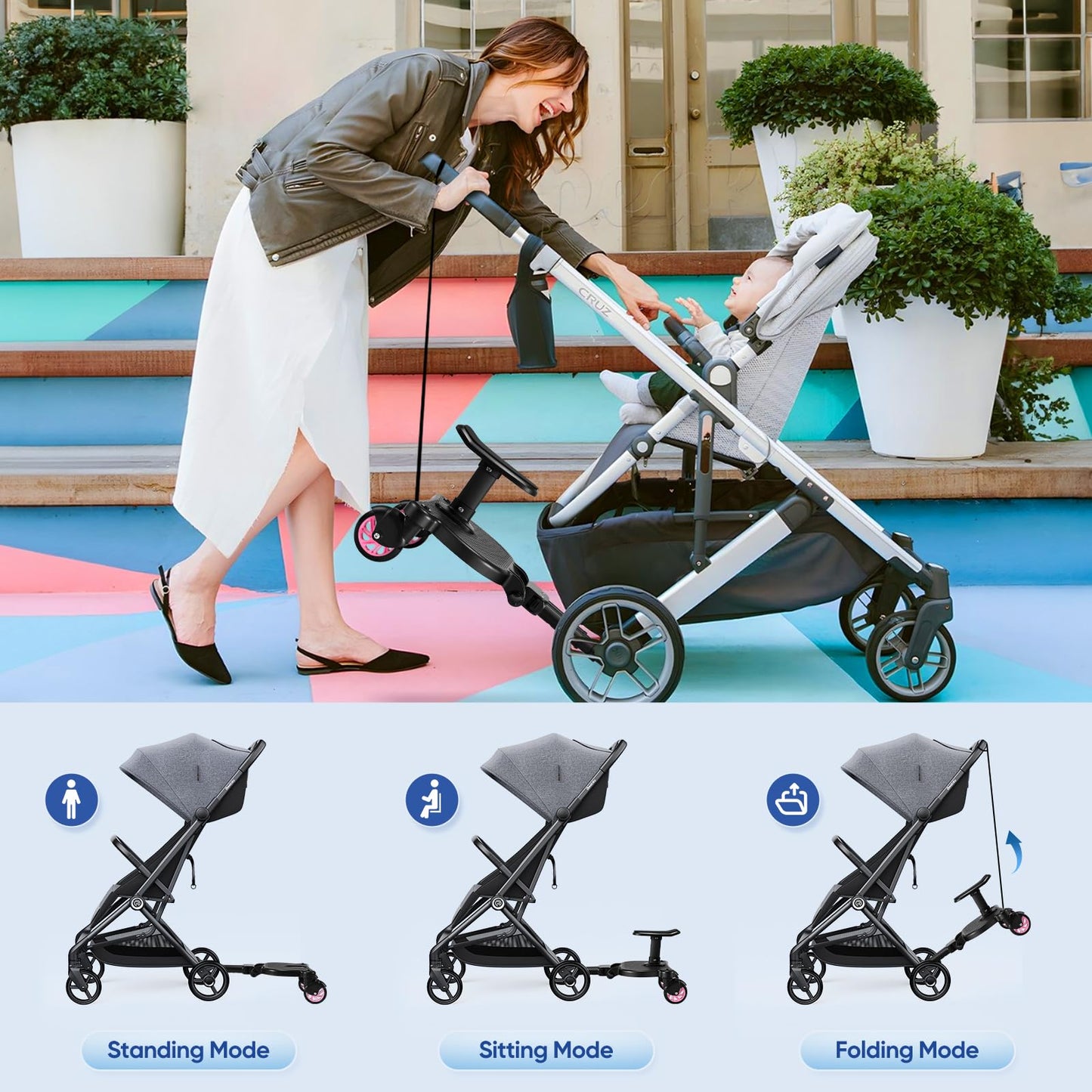 Buggy Board with Seat, FNRIDS Stroller Ride On Board Universal, with Hanging Strap, stable Two Wheel Design, 360 degree rotation, Stroller Accessory for children aged 2 to 6 years (25 kg) (Pink)