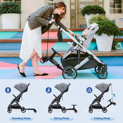 Buggy Board with Seat, FNRIDS Stroller Ride On Board Universal, with Hanging Strap, stable Two Wheel Design, 360 degree rotation, Stroller Accessory for children aged 2 to 6 years (25 kg) (Pink)