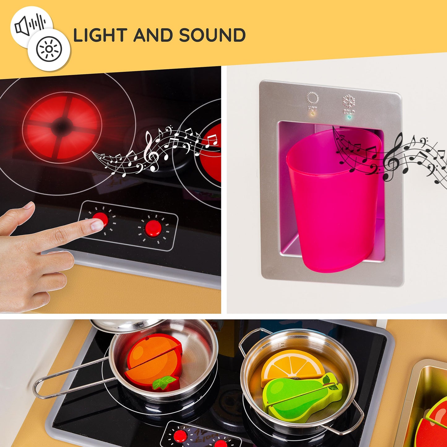 Children's Play Green Series wooden kitchen - Adjustable height play kitchen 89-103 cm - LED light & cooking sounds - With accessories, water dispenser, oven - For children aged 3 years and above