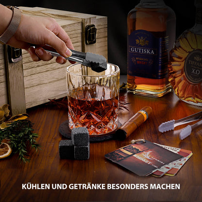 Whiskey glass and stone set gift for men husband dad special gift - 8 whiskey granite cooling stones - 2 glasses 10 oz - 2 coasters - tongs cocktail recipe wooden box Christmas/birthday.