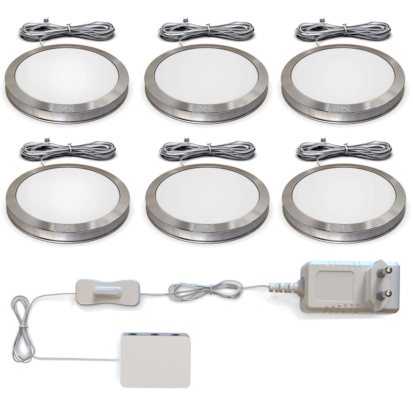 B.K.Licht - Set of 6 under cabinet lights with cable switch, warm white light color, 1.8W each, ideal for kitchen cabinets, LED light strip, cabinet lighting, kitchen lamp, 59x9.5mm, aluminum color.