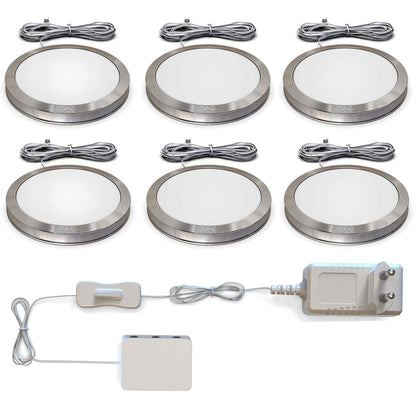 B.K.Licht - Set of 6 under cabinet lights with cable switch, warm white light color, 1.8W each, ideal for kitchen cabinets, LED light strip, cabinet lighting, kitchen lamp, 59x9.5mm, aluminum color.