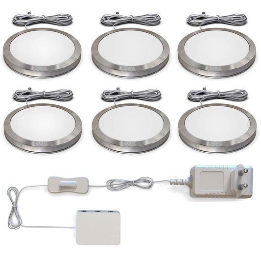 B.K.Licht - Set of 6 under cabinet lights with cable switch, warm white light color, 1.8W each, ideal for kitchen cabinets, LED light strip, cabinet lighting, kitchen lamp, 59x9.5mm, aluminum color.