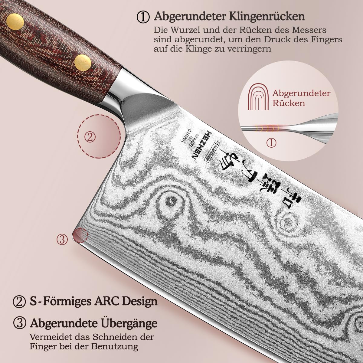 HEZHEN 18cm Cleaver, Professional Chinese Chef Knife, Damascus Steel Sharp Kitchen Knife, Vegetable Meat Cleaver Cutting Knife, Ergonomic Micarta Handle