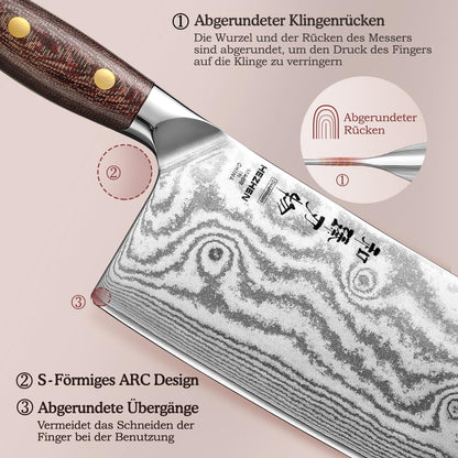 HEZHEN 18cm Cleaver, Professional Chinese Chef Knife, Damascus Steel Sharp Kitchen Knife, Vegetable Meat Cleaver Cutting Knife, Ergonomic Micarta Handle
