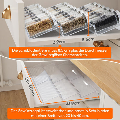 Lifewit Spice Organizer Drawer, 6-Piece Removable Spice Rack Drawer Width 20 to 40 cm, 3-Tier Plastic Spice Drawer Insert, Spice Rack for Countertop/Cabinet, Transparent