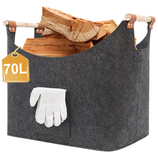 LARGE FINEW wooden basket for firewood, XXL firewood basket with gloves, Foldable felt bags made of felt, Large felt baskets for firewood storage, newspapers, wood, toys.