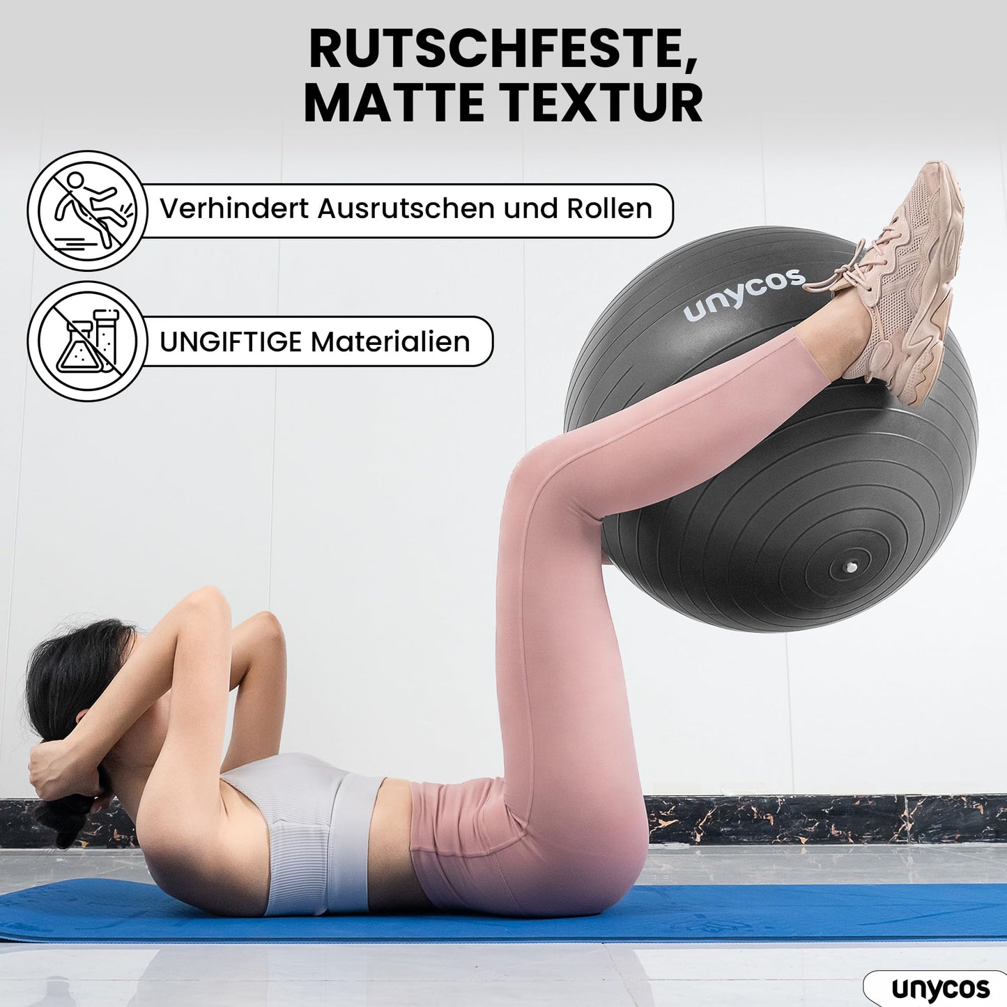 unycos - Exercise ball 65 cm stability ball training ball for yoga, fitness, medicine ball, balance ball, core training strength, Pilates ball | Incl. pump, BPA-free, anti-burst (grey with logo)