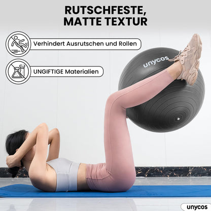unycos - Exercise ball 65 cm stability ball training ball for yoga, fitness, medicine ball, balance ball, core training strength, Pilates ball | Incl. pump, BPA-free, anti-burst (grey with logo)