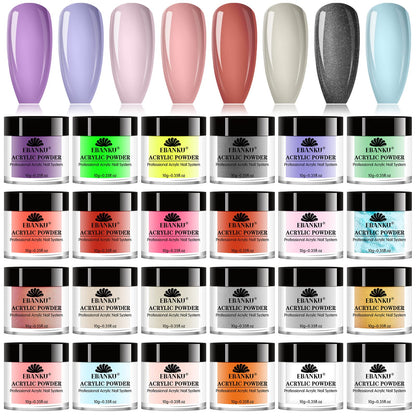 EBANKU acrylic powder set, 24 colors of professional acrylic nail powder for nail acrylic extension, nail carving, durable, no nail lamp required.