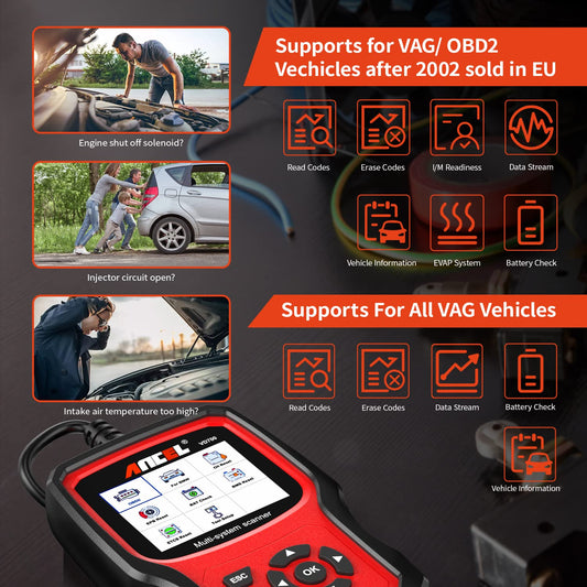 ANCEL VD700Pro OBD2 diagnostic tool for VAG vehicles. Supports all systems with 8 special functions: oil, TPMS, EPB, TPS, injector, SAS, DPF reset, battery registration. Read and clear error codes.