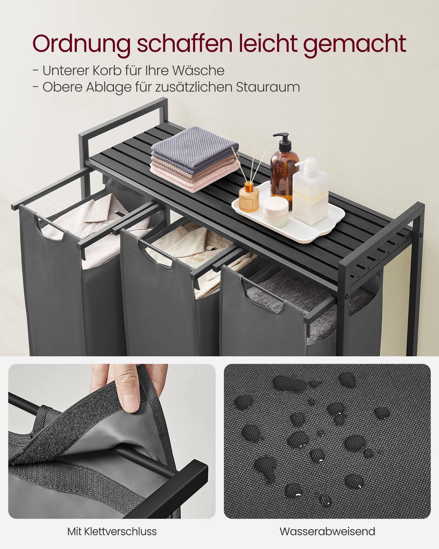 VASAGLE laundry basket with 3 compartments, laundry collector with shelf, laundry box, removable laundry bag made of Oxford fabric, metal frame, 3 x 40 L, 92.5 x 33 x 72 cm, slate gray-anthracite gray BLH301G01