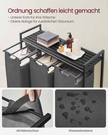 VASAGLE laundry basket with 3 compartments, laundry collector with shelf, laundry box, removable laundry bag made of Oxford fabric, metal frame, 3 x 40 L, 92.5 x 33 x 72 cm, slate gray-anthracite gray BLH301G01