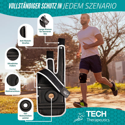 Tech Therapeutics adjustable knee brace for women and men - knee orthosis for meniscus and patella, knee brace for support with side stabilizers, knee support for joint pain relief and arthritis