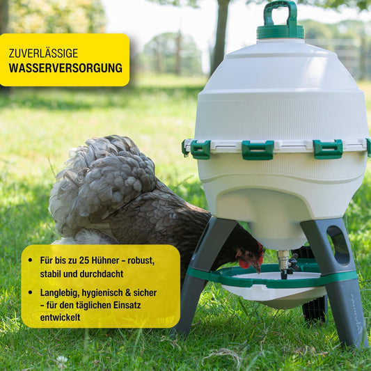 Chicken drinker Optimus 25 L for up to 25 chickens, including spare drinking bowl, Two-part water tank - Poultry drinker - Automatic chicken drinker - Chicken water dispenser - Drinker for chickens - Chicken accessories