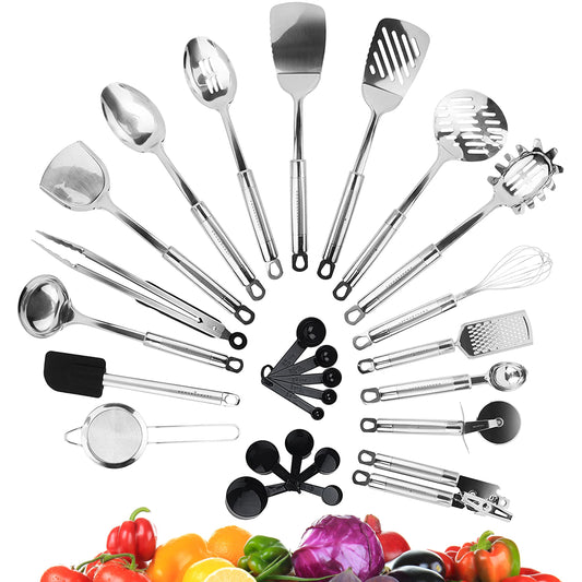 KRONENKRAFT® 26-piece kitchen set made of stainless steel. Includes kitchen utensils, accessories, cooking set, household helper set, spatula, whisk, and more. All made of stainless steel.