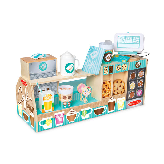 Melissa & Doug Coffee Shop, wooden coffee bar with 35 accessories for realistic role play, for children 3+. FSC certified.