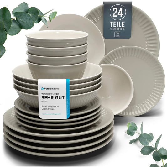 Stoneware dinnerware set for 6 people Hygge 24 pieces. WINNER, Gorgeous Scandinavian Stoneware Dinnerware Set, Bowl and Plate Set, Tableware for 6 people, Dinnerware Sets Pure Living in light brown.