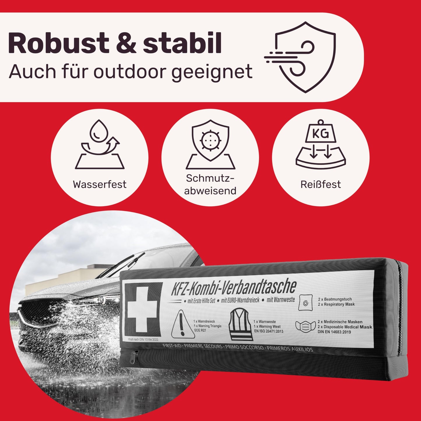 Automotive combo bag (3 in 1) according to current standard 2025 - Including warning triangle, safety vest - First aid kit warning triangle set First aid kit Car DIN 13164:2022 (conforming to the Road Traffic Regulations)
