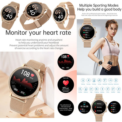 Ladies smartwatch with phone function, 1.32 Fitness Watch Diamond Ladies, Fitness Tracker Watch with menstrual cycle, heart rate, SpO2, sleep monitor, pedometer, wristwatch for Android iOS (Gold)