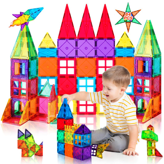 Magnetic building blocks 64 pieces magnet toy magnets building bricks building set kids magnetic blocks perfect for use at home, in schools, for boys and girls 3 4 5 6 7 8 years old