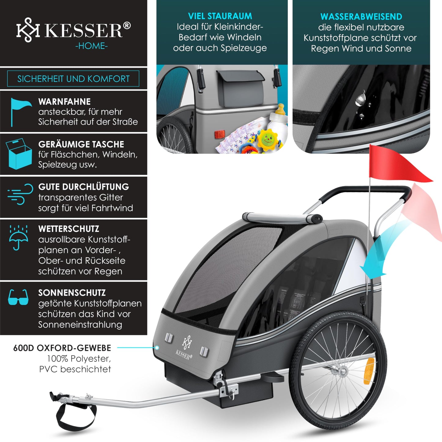 KESSER® child bicycle trailer Sport-RX 2in1 jogger & buggy with 5-point harness, safety belt, 360° front wheel, reflectors, suitable for 1-2 children (max. 40 kg), with cup holder & smartphone compartment.