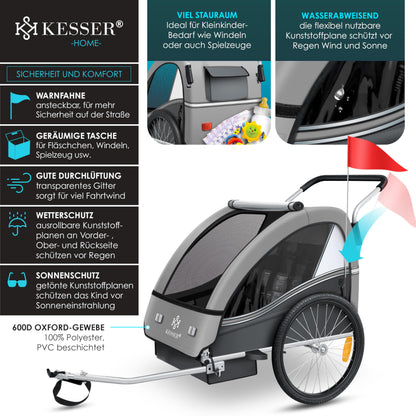 KESSER® child bicycle trailer Sport-RX 2in1 jogger & buggy with 5-point harness, safety belt, 360° front wheel, reflectors, suitable for 1-2 children (max. 40 kg), with cup holder & smartphone compartment.