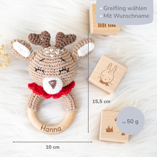 Muckelmeister grasping toy personalized with name - Wooden teething ring baby crocheted animals - Baby rattle - Baby gifts for birth for girls/boys - small gifts for newborns - Reindeer
