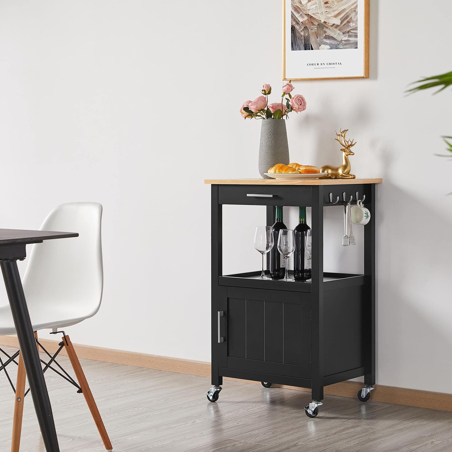 Yaheetech kitchen cart on wheels, serving cart with cabinet and shelf, wooden countertop, rolling cart 55x45x89cm, country style kitchen trolley in black.