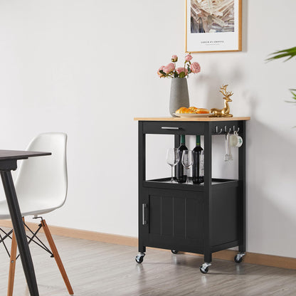 Yaheetech kitchen cart on wheels, serving cart with cabinet and shelf, wooden countertop, rolling cart 55x45x89cm, country style kitchen trolley in black.